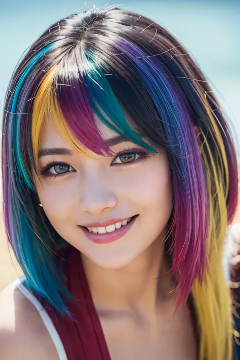  high quality,  realistic、 Hi-Res,  realistic、8k、 Masterpiece,  Details.Impressive、Alone、 cutting-edge photo portrait of a woman、Expression of happiness、The way you look at someone you love、 smiles、Yellow、Cyan, and purple, (( her colorful hair is gathered ...