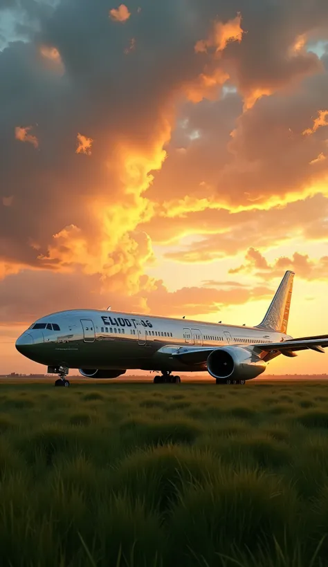 a beautiful detailed airplane on the ground, highly realistic, photorealistic, 8k, HDR, cinematic lighting, glowing sunset sky, dramatic clouds, lush green grass field, detailed reflections on the fuselage, complex metallic textures, pristine condition, hy...