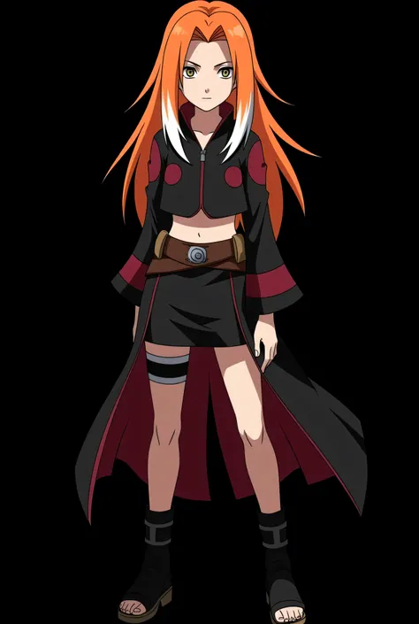 Female character of a   designed for the Naruto Classic universe, in the style of Masashi Kishimoto ,  Aparência:

Age: 12 anos

 Aparência:

hair:  long and flaming ,  with an intense orange tone that seems to shine in the sunlight .  Two white locks high...