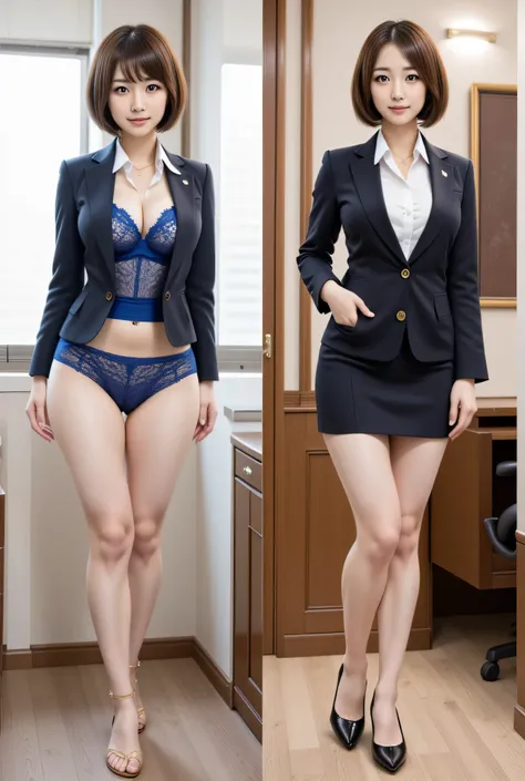  by Nomi:1.4、 cute、A young Japanese woman is standing in the office 、 short bob brown hair 、Lined up photos, I'm wearing a business jacket, a white shirt with a collar, and a business miniskirt , On the left is dressed, I'm wearing a blue lace bra and blue...