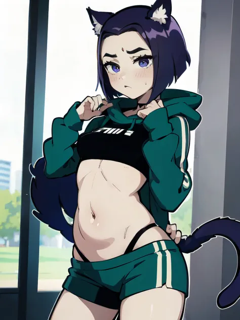 Venti stands in a sexy pose, Venti has average medium breasts, Venti has cat ears and a tail, Venti is wearing a short hoodie and shorts, venti is blushing and very shy. Thighs, flat belly