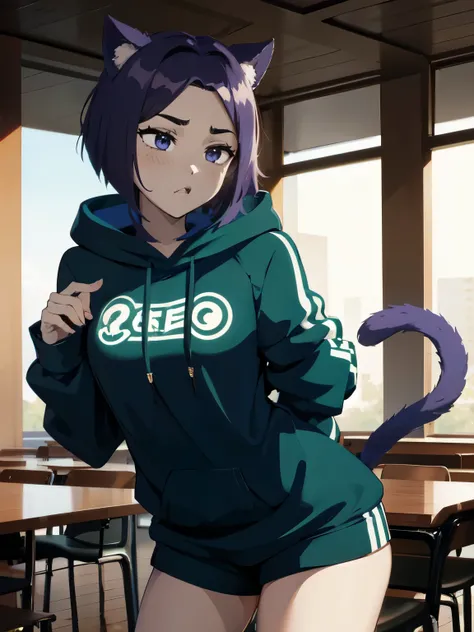 Venti stands in a sexy pose, Venti has average medium breasts, Venti has cat ears and a tail, Venti is wearing a hoodie and shorts, venti is blushing and very shy. Thighs, flat belly