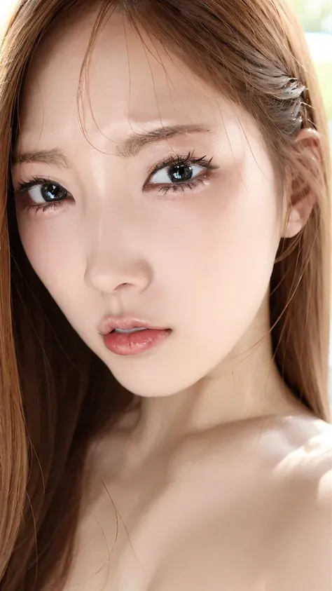      she shows off her nostrils   、  look down at me with her cold gaze、My forehead is narrow  、Small face。   one woman's perfect face  。     high quality close-up     、   raising her face from the front    、    VERY REALISTIC SKIN    、  very attractive wo...