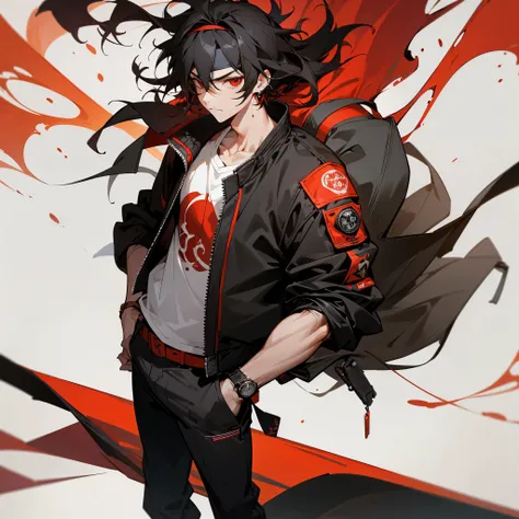 1male, adult, finely detailed red eyes (messy medium hair), black color hair, casual clothing, headband, bomber jacket, baggy pants, somber expression, (perfect generation), standing on street, detailed background, wrist watch, earrings