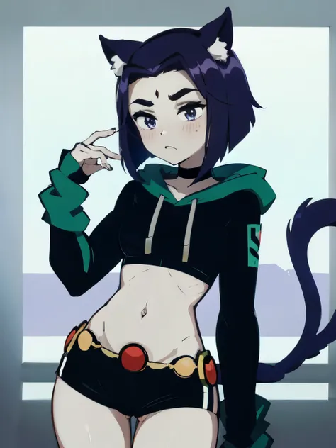 Venti stands in a sexy pose, Venti has average medium breasts, Venti has cat ears and a tail, Venti is wearing a narrow hoodie and shorts, venti is blushing and very shy. Thighs, flat belly, small waist, 