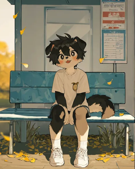 source_ furry， furry male，elementary school students，((boy  )),Dog boy  ,short hair,masterpiece, newest,absurdres, incredibly absurdres, bright eyes, detailed eyes,short hair, messy hair, blush, laugh, head tilt，White Socks， sneakers, upper body, Sitting o...