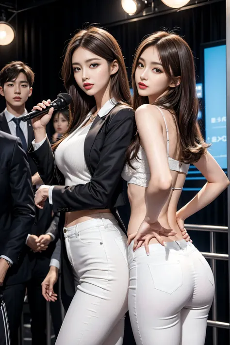 （8k，Highest quality， masterpiece，practical， super detailed：1.3），（ 1 girl， beautiful Korean girl ,  K-pop idol ），（Black suit jacket：1.2），（White skinny trousers：1.1），（ Serious Expression ：1.2）discuss，（speech，Handheld Microphone：1.2）（crowd，audience：1.3），（Sexy...