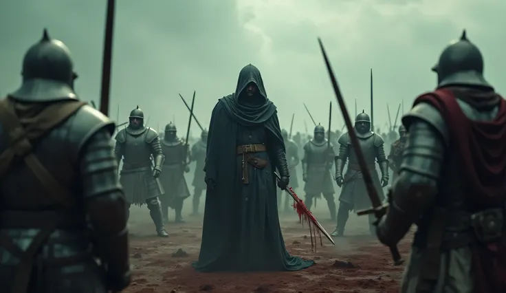 A dark, gritty medieval battlefield under a cloudy, smoke-filled sky. A fierce Muslim assassin stands at the center, seen from Ariel View, wearing dark, battle-worn robes with a hood partially revealing sharpand white ammama, intense eyes focused ahead. Hi...