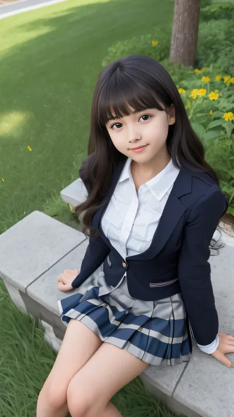  top quality、  Details、delicate、Very high degree of perfection 、 beautiful,Girls are in middle school１Grade、 black hair、cute girl eyes、 best proportions 、Similar to Daidouji Tomoyo、 blue and navy tartan check formal mini pleated skirt, Slightly larger、Wear...