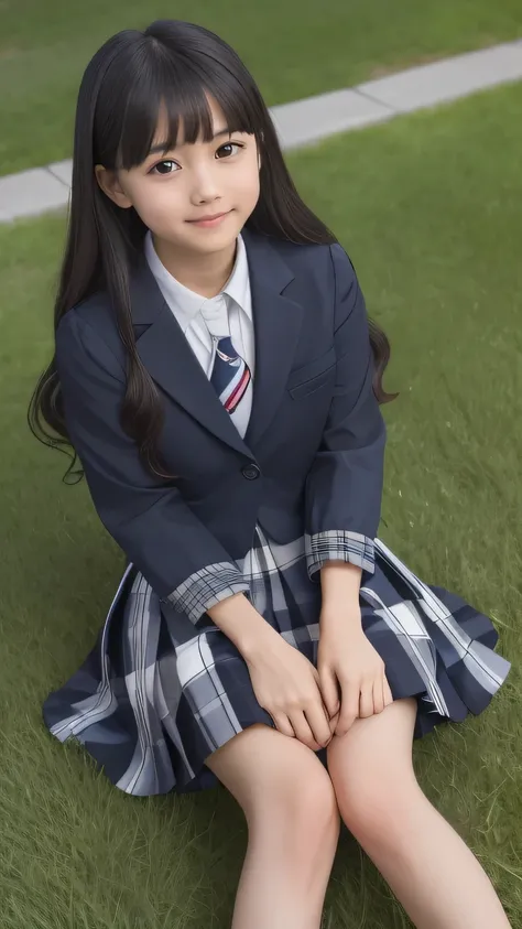  top quality、  Details、delicate、Very high degree of perfection 、 beautiful,Girls are in middle school１Grade、 black hair、cute girl eyes、 best proportions 、Similar to Daidouji Tomoyo、 blue and navy tartan check formal mini pleated skirt, Slightly larger、Wear...