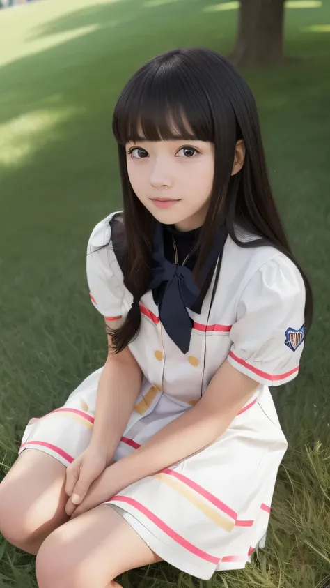  top quality、 photos、８k、  Details、delicate、Very high degree of perfection 、 beautiful,Girls are in middle school１Grade、 black hair、cute girl eyes、 best proportions 、Similar to Daidouji Tomoyo、I'm wearing a marching band uniform、(Girl sitting on the grass i...