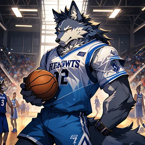  alone, beast, (Wolf), doll (Wolf), doll,  male, doll  male (Wolf), doll (Wolf), blue fur,blue fur, Tail,  Handsome, Basketball uniforms, Protrusion, partly cloudy, School, Depth of Field, Perfect lighting, (Light Particles),( top quality),( masterpiece),(...