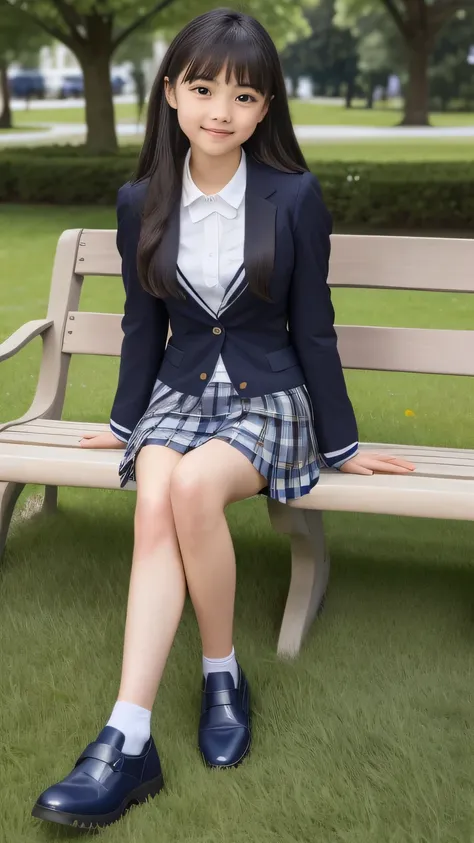  top quality、  Details、delicate、Very high degree of perfection 、 beautiful,Girls are in middle school１Grade、 black hair、cute girl eyes、 best proportions 、Similar to Daidouji Tomoyo、 blue and navy tartan check formal mini pleated skirt, Slightly larger、Wear...