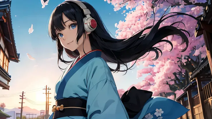  Ghibli style , cute girl, black, semi-long hair,sexy blue eyes,  sexy face,  light blue kimono ,Japanese clothing , big clothes,80's style, blue headphones, blackish blue eyes ,solo、upper body、、Japanese Scenery 、 grin 、 happily、、Cherry Tree、evening、dusk、S...