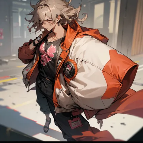 1male, adult, tan skin, finely detailed rose eyes (messy medium hair), orchid hair color, casual clothing, bomber jacket, baggy pants, somber expression, (perfect generation), standing on street, detailed background, wrist watch, earrings