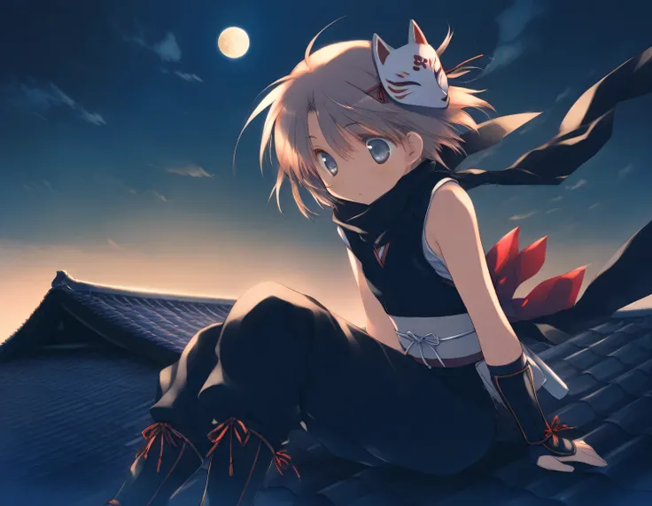 1girl, little female, ninja, beautiful detailed eyes, fox mask, mask on head,night, moon, cloud,  rooftop, wind, sitting, girl focus,game CG, break,(artist:mitsumi_misato),artist:fujiyama,artist:kokonoka,  break,(masterpiece), (best quality), (ultra-detail...