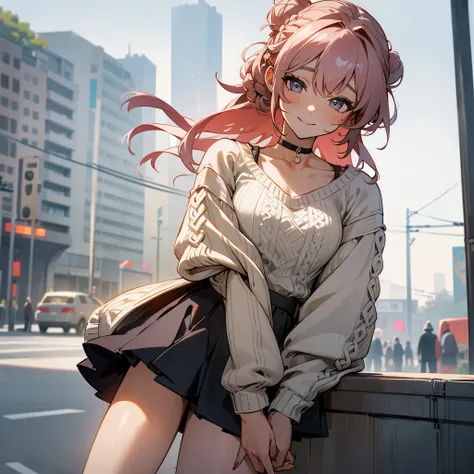 1female, adult, sexy, finely detailed light grey eyes, (messy medium hair), bangs, rose hair, braided bun, casual clothing, sweater, short skirt, choker necklace, happy expression, (perfect generation), standing on street, detailed background, flowers, nai...