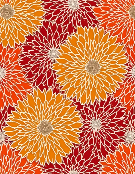 A seamless pattern featuring intricate dahlia flowers in shades of deep red, bright orange, and golden yellow. Each petal has fine white outlines, adding a sense of depth and texture. The flowers overlap slightly, creating a dense, elegant floral arrangeme...