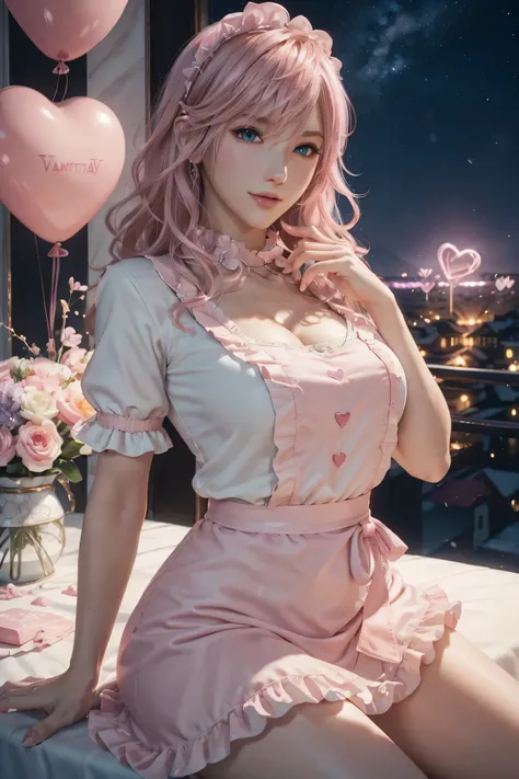 lightning , final fantasy,Pink blonde, MEDIUM HAIR , light perm hair ,Curly hair on one side , lower the bangs, beautiful blue eyes, beautiful and high nose , in ultra high quality, super quality, Masterpiece, dslr, photorealistic, Detailed Details,Vivid ...