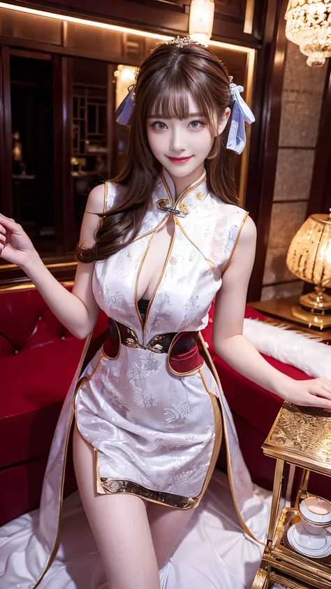   beautiful woman,     Chestnut hair    ,     Beautiful Eyes ,   Smile,  Actual , Full HD,   very beautiful dress  ，Fluffy dress ， curved body，Magnificent view ，Gorgeous decoration，cheongsam，中国发髻，Jinhri，White hair，cosplayer