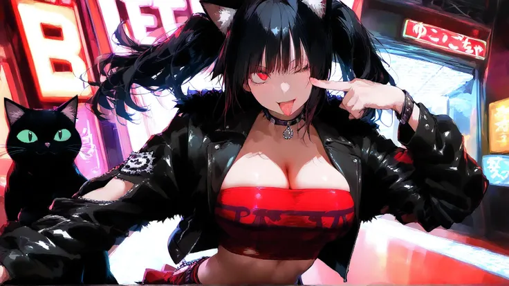 (solo:1.2),1girl\(cute, kawaii,(evil smile),akanbe, eyelid pull, tongue out, finger to eye, hand up, :p, index finger raised ,one eye closed, (black hair:1),(long hair),(twin tails hair),pale skin, red eyes,(detailed eyes:1.4),spiral eye, eyes shining, (bi...