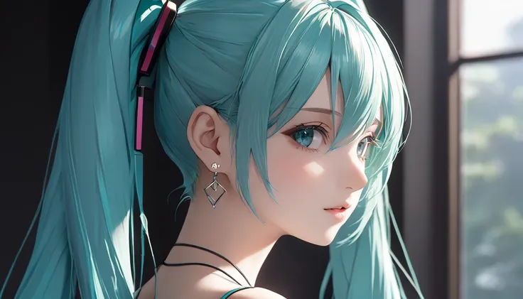 ((( Hatsune Miku)))、(masterpiece, Highest quality:1.2), One Girl, alone,Bony body、、Earrings、Close-up、
