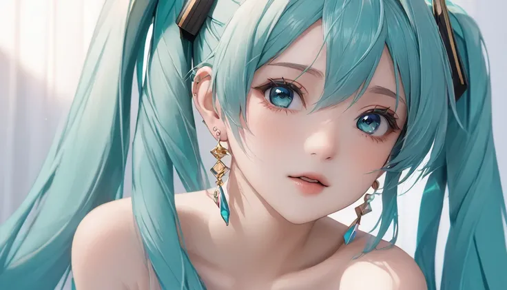 ((( Hatsune Miku)))、(masterpiece, Highest quality:1.2), One Girl, alone,Bony body、、Earrings、Close-up、