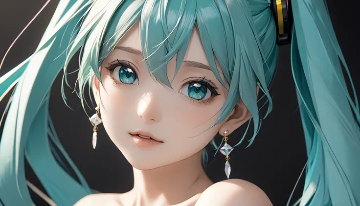 ((( Hatsune Miku)))、(masterpiece, Highest quality:1.2), One Girl, alone,Bony body、、Earrings
