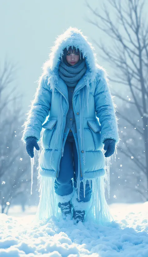 A person stepping outside in regular winter clothes, instantly freezing into an ice statue, playful watercolor style, cool icy blues and whites with exaggerated frozen details, humorous yet shocking.