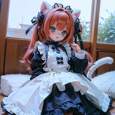                 American Shorthair Catgirl cat ears and tail                           , chubby and              is cute ,                  is cute  ,                    using swords in a photorealistic way       , 4K,                          Crimson hair...