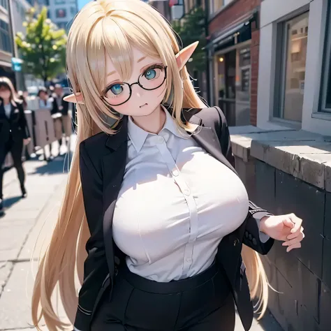 blondes,((((((( Wears a Business Suit )))))))) A sharp face.(   Top Quality,4K,8k,    Hi-Res,  Masterpiece:1.2)、 : :    perfect glasses   、(((((    super huge breasts )))))Elves walking through the city