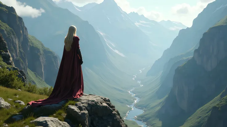 arafed view of a sexy blonde woman in a cloak standing on a rock in a mountain valley, unreal engine fantasy art, fantasy style 8 k octane render, beautiful environment, beautiful epic vista, unreal 6 breathtaking detailed, breathtaking scenery, stunning v...