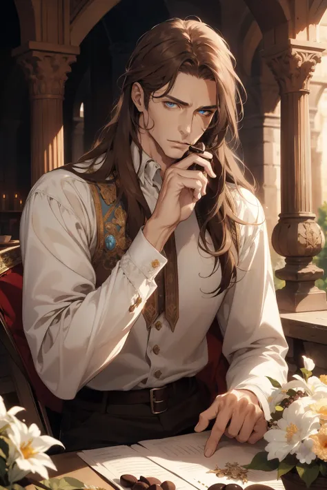 1 man,  mature man, realistic,  masterpiece,   boobs,   beautiful, Detailed eyes and detailed faces., natural light, MEDIEVAL FANTASY, European retro ,  white shirt, income, chocolate brown long hair,  blue eyes, attractive, depressed, decorative flowers, ...