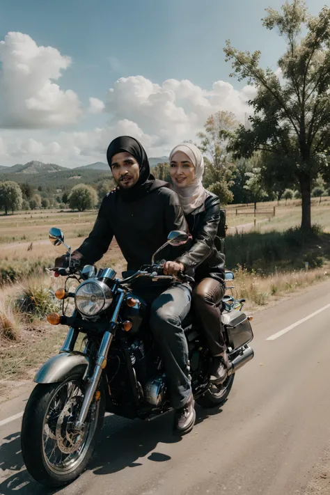 4D Caricature A married couple and 1  in hijab riding a motorcycle,in a beautiful rural landscape