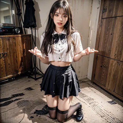 arafed asian woman in a skirt and a white shirt posing for a picture, japanese school uniform, japanese girl school uniform, wearing japanese school uniform, cute schoolgirl, jk uniform, beautiful anime high school girl, Wear loafers, Open belly button, Op...