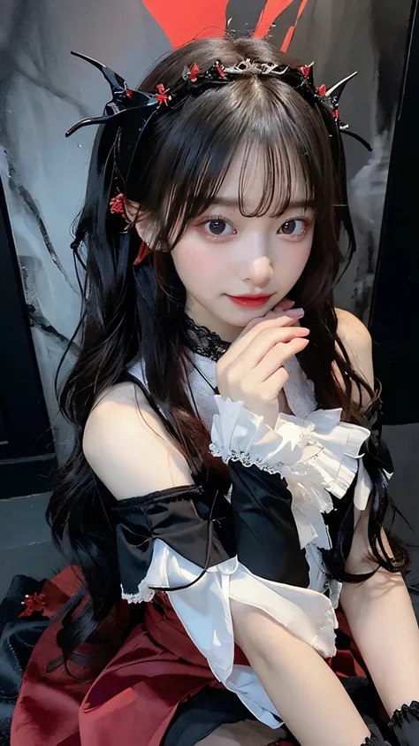 expressionless,,(dark fantasy),(( amazing illustration )),(Detail Splash), long dark hair, red eyes, girl , Pure black dress, Collar only, The cuffs and skirt are dark red , red butterfly hair clip fastened on the side, Masterpiece, 最 High Quality , ...