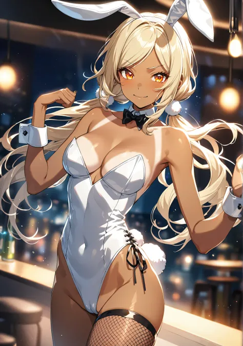 1 girl, Game CG, 
shallow depth of field, a portrait with a soft Gaussian blurred background, creating a dreamy atmosphere, focus on face, side shot, 
dancing, dynamic pose, seductive smile,

(blond Hair, straight long twintail, Right-side parting bangs, B...