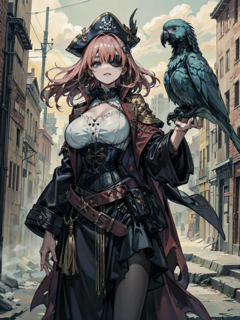 earring, large breasts, wavy hair, hair behind ear, short hair, updo, hair ornament, black hair, cowboy shot, outdoor, Practical pirate clothing, Long-sleeved pirate top, Skirt, pirate hat, coat, corset, black cape, parrot, half eyepatch,