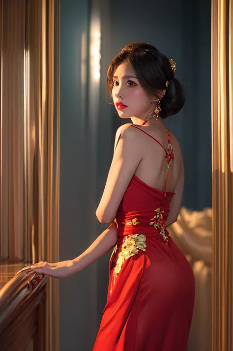  A Beautiful Woman ， wears a delicate red cheongsam dress， elegant posture ，Gorgeous gold embroidery ， dramatic lighting ，painting，Movie-like，Photorealistic，8k， high quality， extremely detailed ，realistic， bright colors， dramatic lighting 