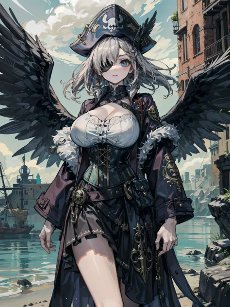 earring, large breasts, wavy hair, hair behind ear, short hair, updo, hair ornament, black hair, cowboy shot, outdoor, Practical pirate clothing, Long-sleeved pirate top, Skirt, pirate hat, coat, corset, black cape, huge Eagle, half eyepatch,