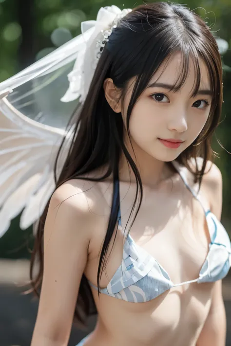 (8K、Live shooting、realistic:1.25)、1 girl、A fairy like a  girl with a beautiful face.、Floating in the air and looking down from above、fairy wings are transparent、shy smile、whole body、luminous costume、lip gloss、Glossy skin、highest quality、ultra high resoluti...