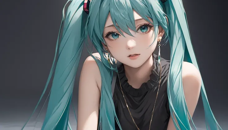 ((( Hatsune Miku)))、(masterpiece, Highest quality:1.2), One Girl, alone,Bony body、、Earrings、 No Earrings