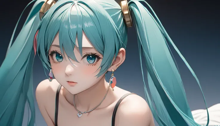 ((( Hatsune Miku)))、(masterpiece, Highest quality:1.2), One Girl, alone,Bony body、、Earrings、 No Earrings 