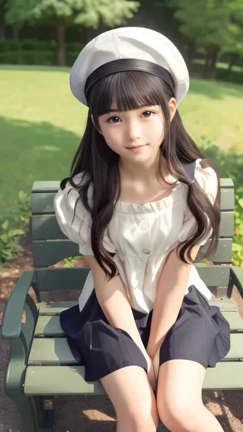  top quality、  Details、delicate、Very high degree of perfection 、 beautiful,Girls are in middle school１Grade、 black hair、 best proportions 、Similar to Daidouji Tomoyo、 mini skirt that hugged and caressed her chest、 white beret、Full body photo showing shoes、...