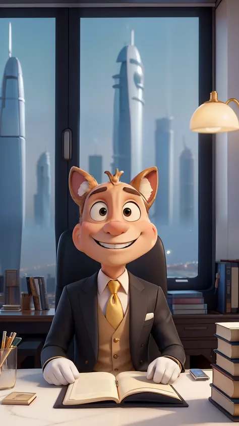  Cartoon ant in a stylish black suit  (like a millionaire )  is sitting in an elite office with panoramic views of Dubai .  He keeps his phone in his paws and books a private jet for $500,000.  The ant looks confident ,  smiles,  Rolex luxury watches on hi...