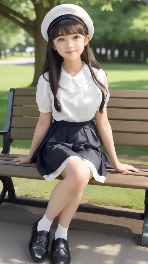  top quality、  Details、delicate、Very high degree of perfection 、 beautiful,Girls are in middle school１Grade、 black hair、 best proportions 、Similar to Daidouji Tomoyo、 mini skirt that hugged and caressed her chest、 white beret、Full body photo showing shoes、...