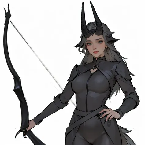 Three unique fantasy themed female portrait full-body artwork, detailed intricate, tanned skin, grey hair, pair of horns on forehead, studded leather outfit, dark black race or skin
