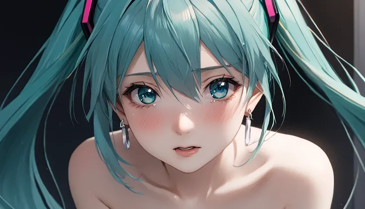 ((( Hatsune Miku)))、(masterpiece, Highest quality:1.2), One Girl, alone,Bony body、、Earrings、、((( No Earrings )))、Sad expression、 shedding tears and crying、 completely naked、 full nude、Close-up、