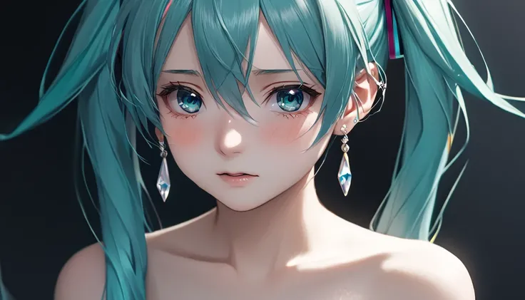 ((( Hatsune Miku)))、(masterpiece, Highest quality:1.2), One Girl, alone,Bony body、、Earrings、、((( No Earrings )))、Sad expression、 shedding tears and crying、 completely naked、 full nude、Close-up、