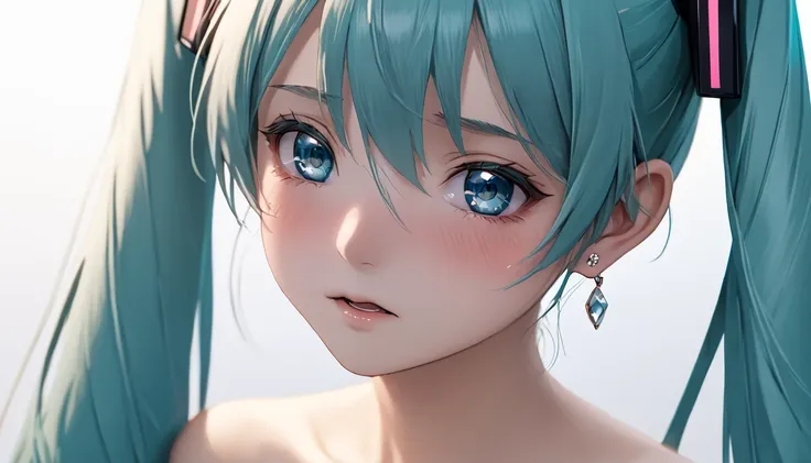 ((( Hatsune Miku)))、(masterpiece, Highest quality:1.2), One Girl, alone,Bony body、、Earrings、、((( No Earrings )))、Sad expression、 shedding tears and crying、 completely naked、 full nude、Close-up、